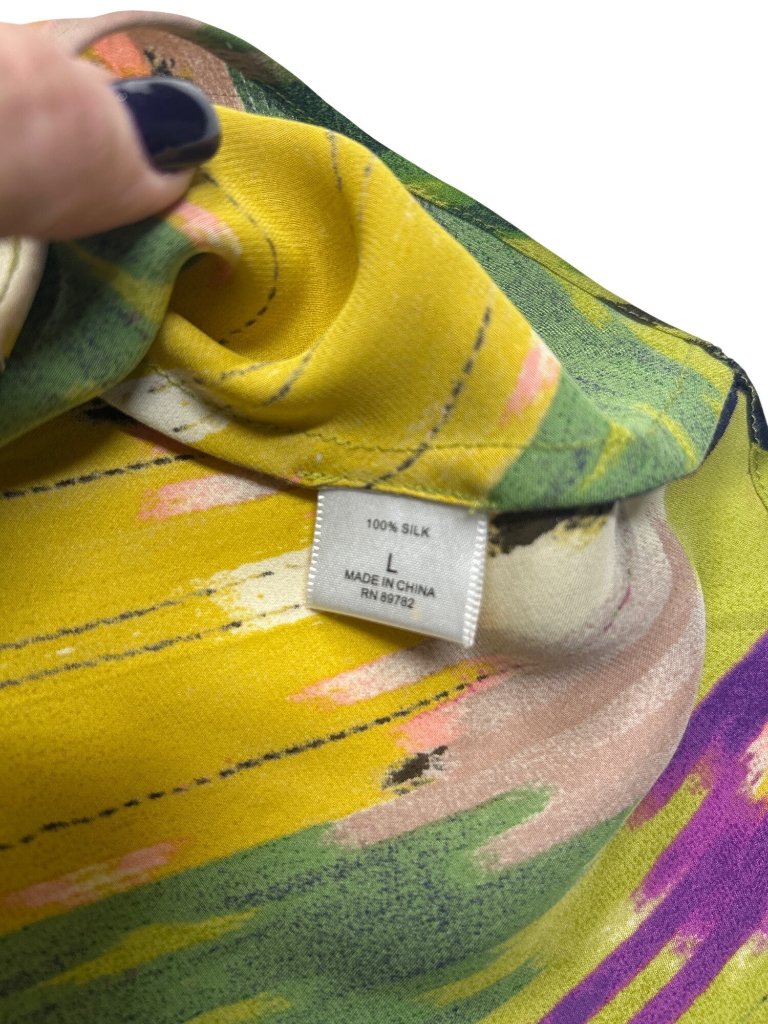 Josie Natori Silk Abstract Print Dress Sz L Dolman Sleeve V-Neck Elastic Waist — image 8 of 8